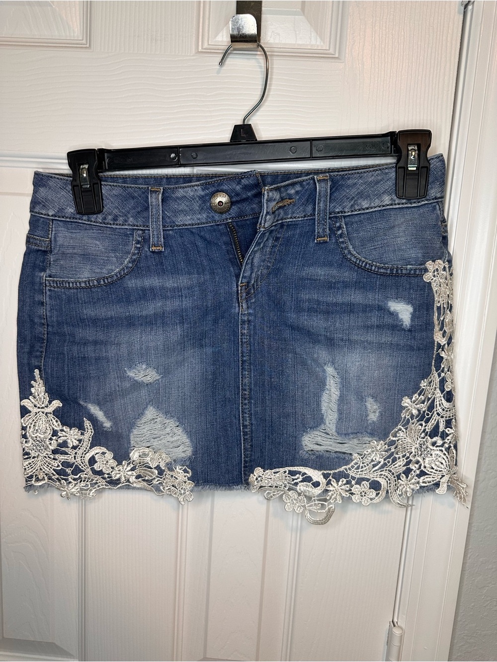 Guess Denim Mini Skirt with White Lace Trim